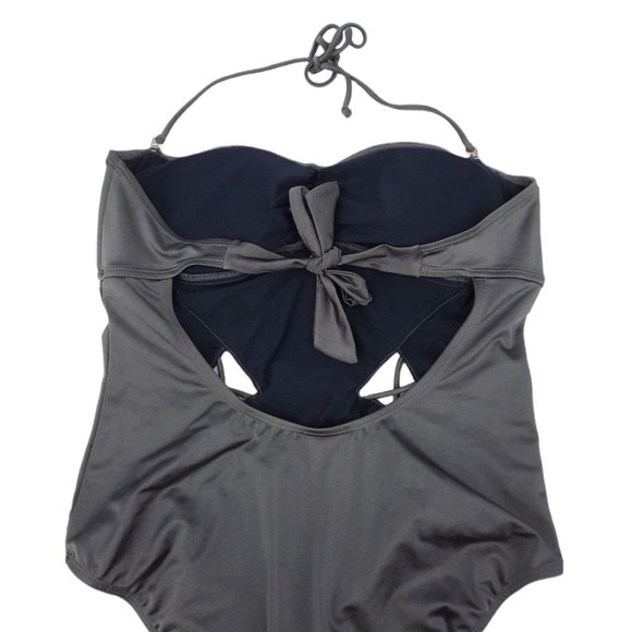 Y2K apostrophe Metallic Gray Cutout Halter Convertible Swimsuit Size L Backless - Picture 5 of 9